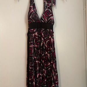 Pink & Black Geometric Halter Maxi Dress | Size Medium | Pleated | Elegant